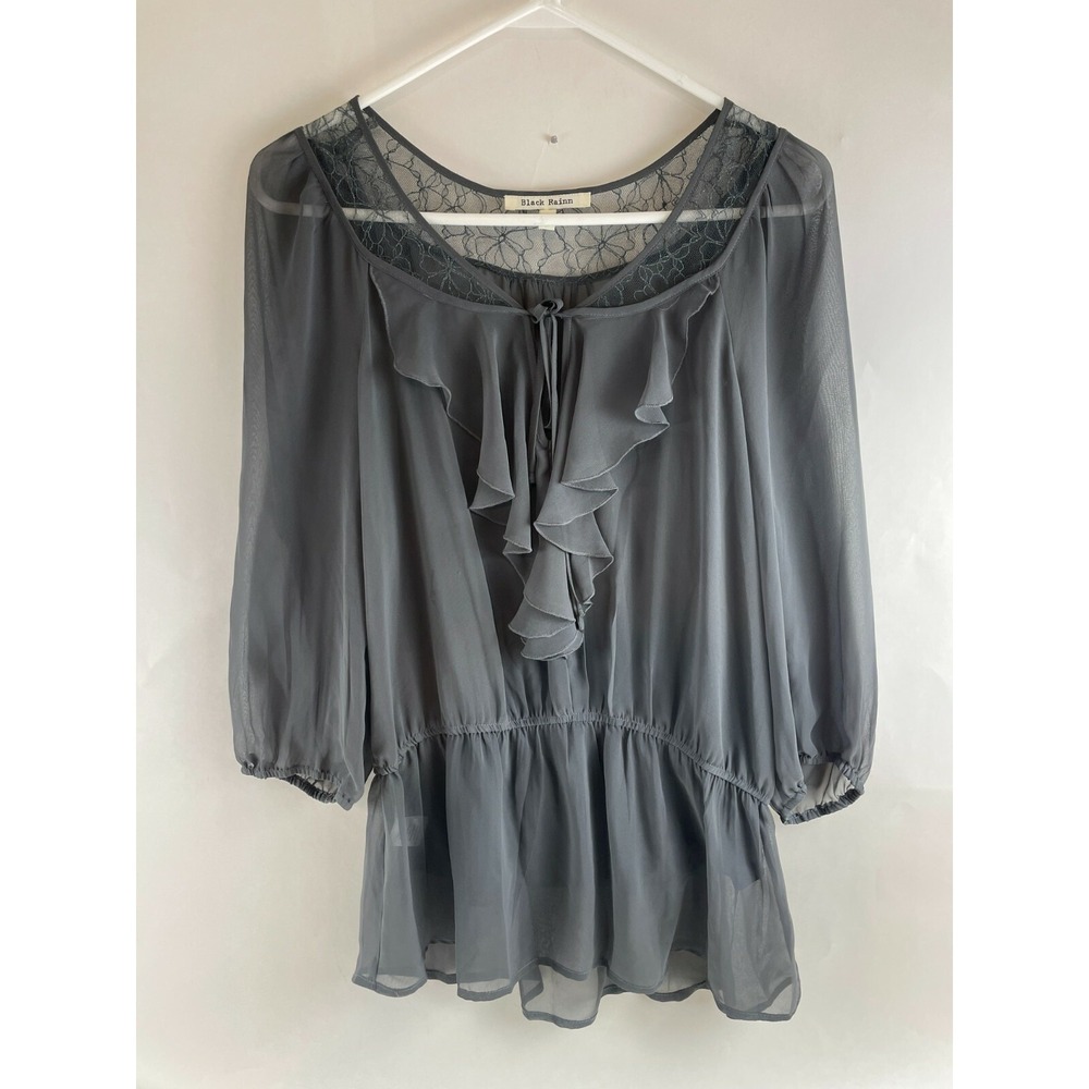 Black Rainn Shirt Top Women's Size Medium Gray Long Sleeve Stretchable Ruffled